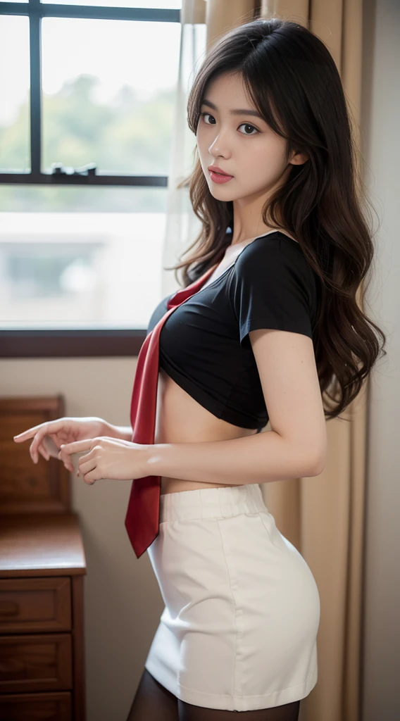 (8k,best qualtiy,tmasterpiece:1.2),(realisticlying,photo-realistic:1.4),(RAW photos),Perfect details,18-year-old South Korean female model,korean beautifull girl,Goose egg face shape,Wavy curly hair,Pure desire,((Upper body:5 points shirt,Black shirt,(Small red tie),short- sleeved,Crop topping)),(private parts:Skirt that wraps hips,black in color),Wear pantyhose and sneakers,The chest is large,Chest,butt lift,Hotel,guest room,((skirt lift)), window,standing on your feet