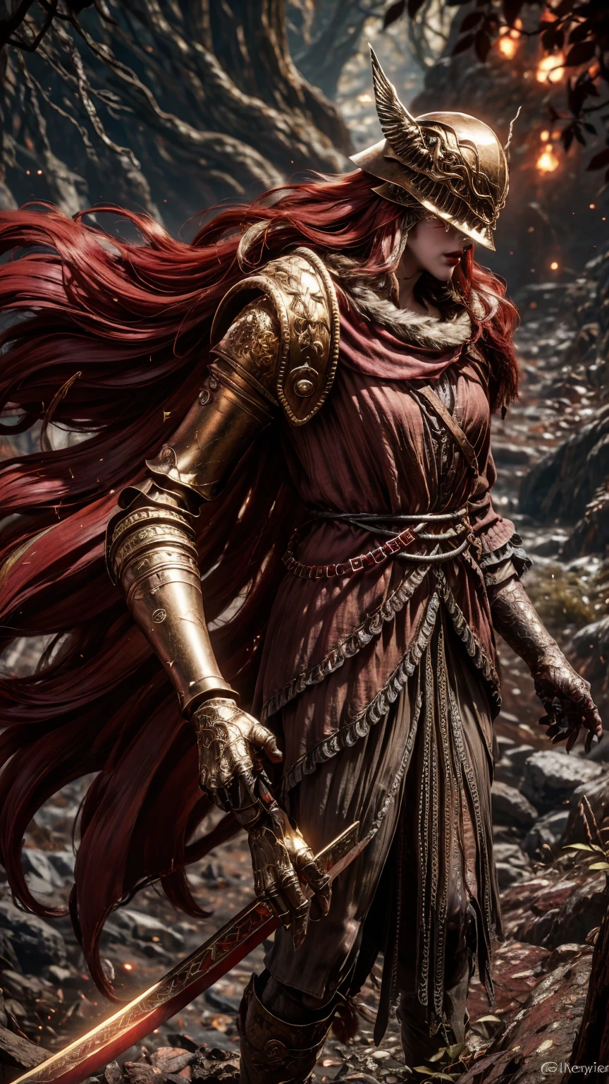 from above, high view shot, in the heart of Elden ring, a young beautiful Malenia, long red hair, blood hair, malenia's helmet, sexy malenia's armor, holding a large sword. On the slopes of a cursed tree that cries blood, dust, red energy, epic battle pose, 3/4 profile, overpowered pose, create an dark atmosphere of Elden ring, energy and neon lights. good quality, ultra detailed, beautiful and aesthetically pleasing, masterpiece, 4k, ray tracing, medium body, close-up, low view, particles and hard neon sparkles, focus on red and black color, dark filter, dark dusty atmosphere