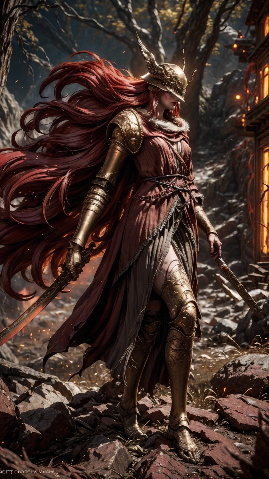 from above, high view shot, in the heart of Elden ring, a young beautiful Malenia, long red hair, blood hair, malenia's helmet, sexy malenia's armor, holding a large sword. On the slopes of a cursed tree that cries blood, dust, red energy, epic battle pose, 3/4 profile, overpowered pose, create an dark atmosphere of Elden ring, energy and neon lights. good quality, ultra detailed, beautiful and aesthetically pleasing, masterpiece, 4k, ray tracing, medium body, close-up, low view, particles and hard neon sparkles, focus on red and black color, dark filter, dark dusty atmosphere