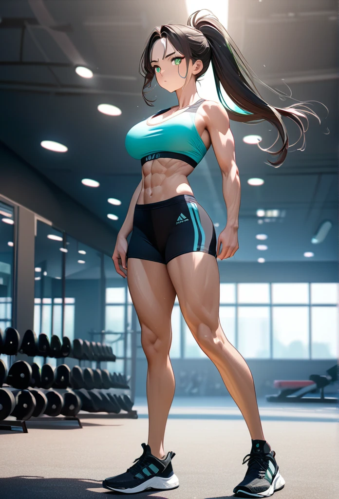 (masterpiece, best quality: 1,2), 1girl, solo,standing_split, Yuuki Mikan, long hair remaining on the floor, short black sleeveless vest, pink skirt, black, completely realistic, realistic face, perfect face, perfect eyes, showing her cut pussy through her panties, tired, tired expression, sweaty, all wet of sweat, naughty eyes. big thighs, super curvy