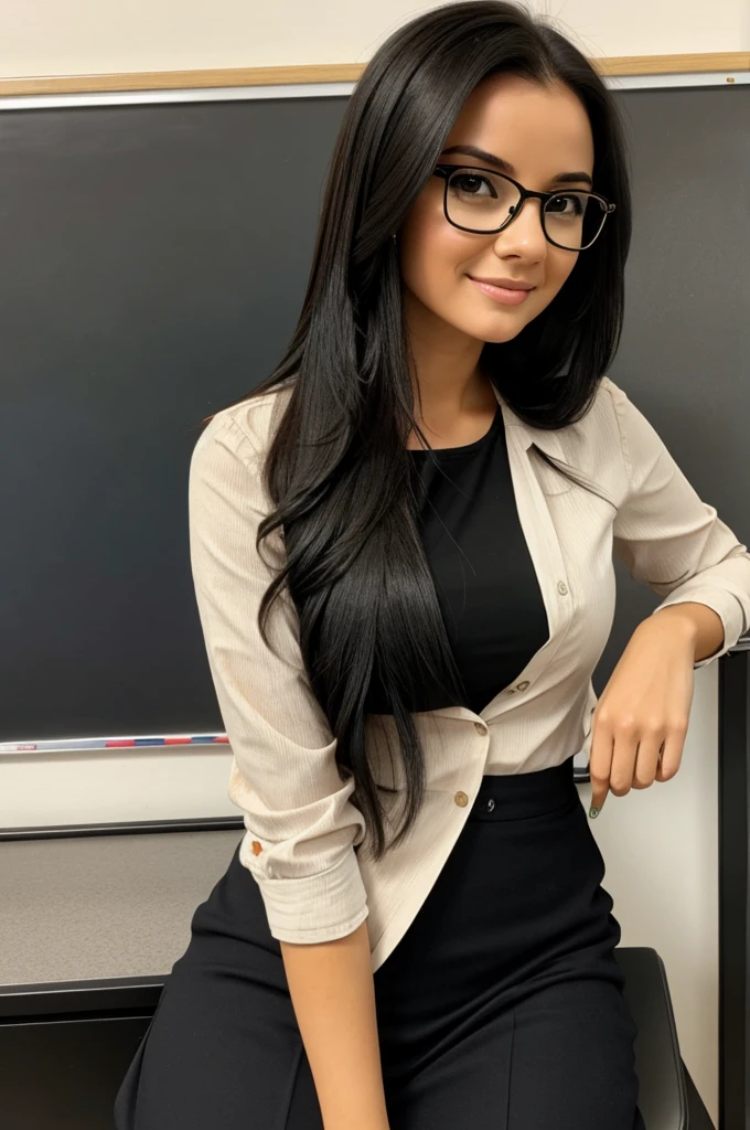 Brunette teacher with long black hair and glasses 