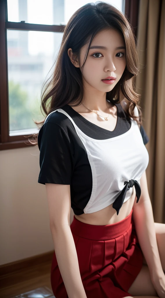 (8k,best quality,masterpiece:1.2),(In reality,realistic:1.4),(RAW photos),perfect details,18-year-old South Korean female model,Korean beautiful girl,Goose egg face shape,wavy curly hair,pure desire,((upper body:5 Point Shirt,black shirt,(Little Red Tie),short sleeve,Crop topping)),(private part:Skirt that hugs the buttocks,black),Wear pantyhose and sneakers,chest이 크다,chest,Butt Lift, skirt lift, hotel,rooms,window,stand on all fours