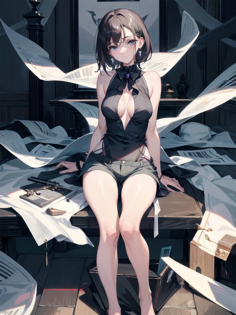 absurdres, RAW photo, extremely delicate and beautiful, masterpiece, Best Quality, ultra high resolution, 32k, hyperrealistic, ultra-detailed, perfect figure, in her 20s, delicate facial features, tearful mole, earring, big breasts, full body shot, medium hair, asymmetrical hair, bare foots, sleeveless collared shirt, shorts,