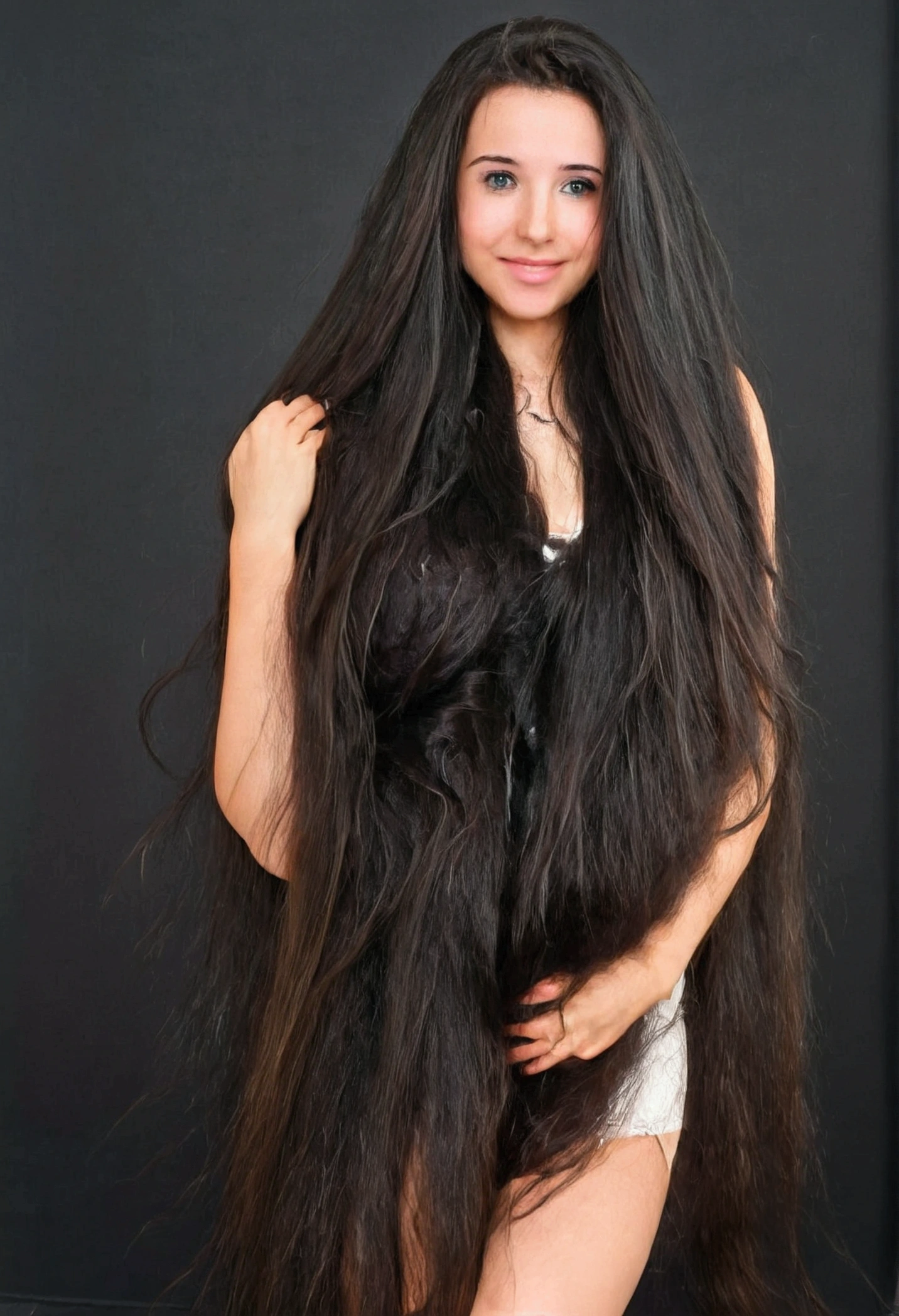 cute girl, super long hair, black hair, big hair, thick hair, big breasts, big butt, hourglass body, emphasis on hair, emphasis on eyes, emphasis on face, blush, smile,