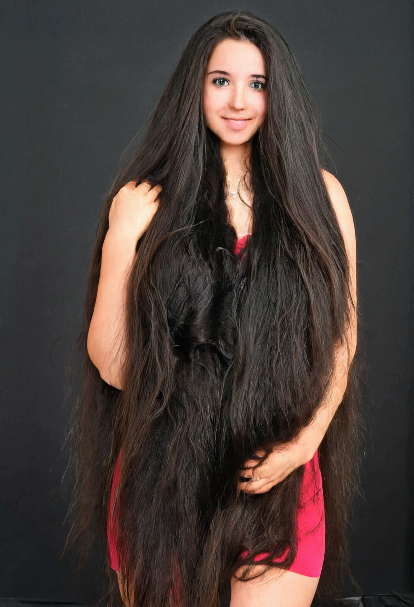 cute girl, super long hair, black hair, big hair, thick hair, big breasts, big butt, hourglass body, emphasis on hair, emphasis on eyes, emphasis on face, blush, smile,