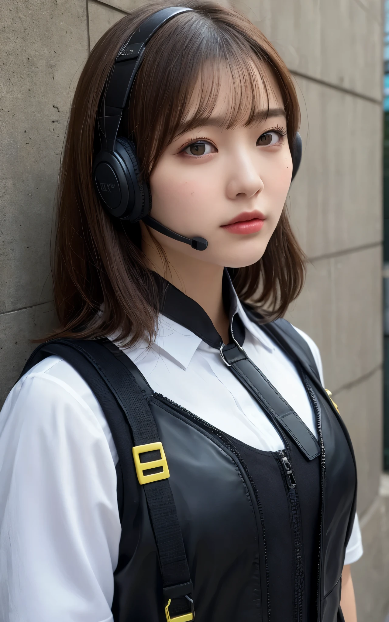 ((Best Quality, 8K, Masterpiece: 1.3, best quality)), photorealistic, photorealism, high resolution, ((face close up:1.2)), (detailed face skin, reallistic, Photorealsitic:1.37), face of 1girl, japanese, looking at the viewer, (Detailed face, plump:0.5, normal breast, massive:0.4), medium long hair, (wearing dark rubber suit, tactical vests, military harness, high-tech headset), concrete wall background,