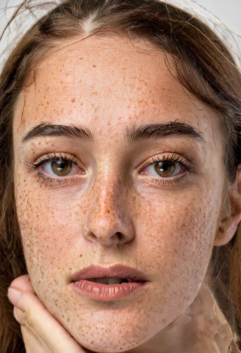 beautiful young woman, long brown hair, amber eyes, freckles on the nose and cheekbones, thick lips, thick black eyebrows