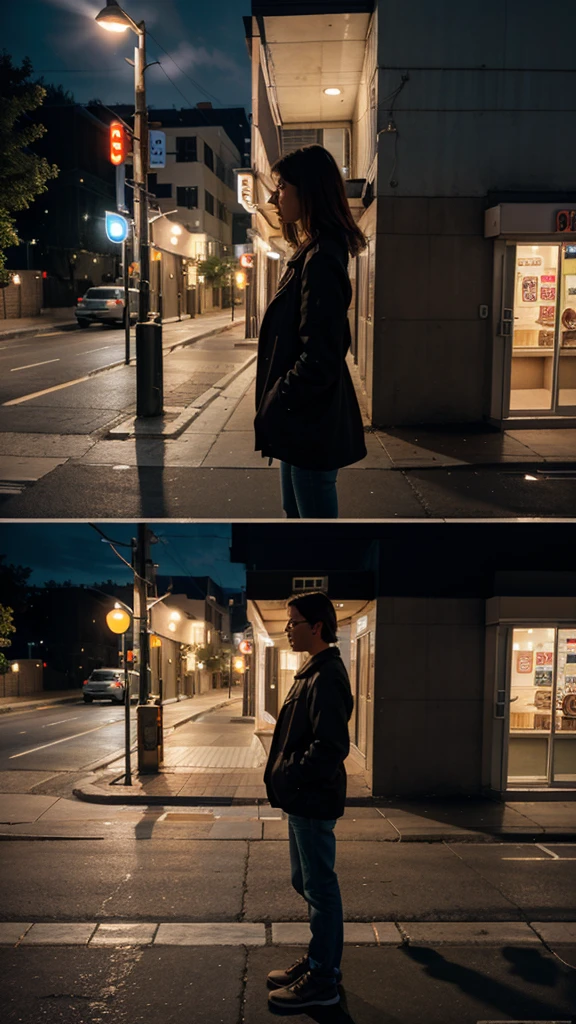 Create a realistic image of a US street at night, standing in the viewpoint of a sidewalk
