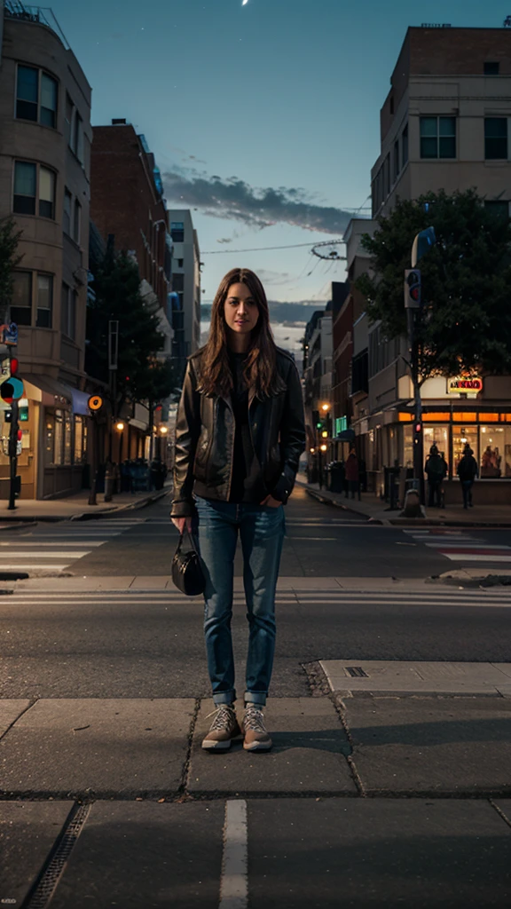 Create a realistic image of a US street at night, standing in the viewpoint of a sidewalk