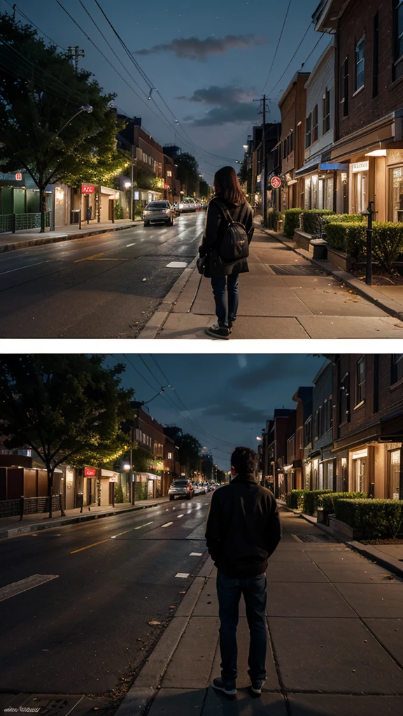 Create a realistic image of a US street at night, standing in the viewpoint of a sidewalk