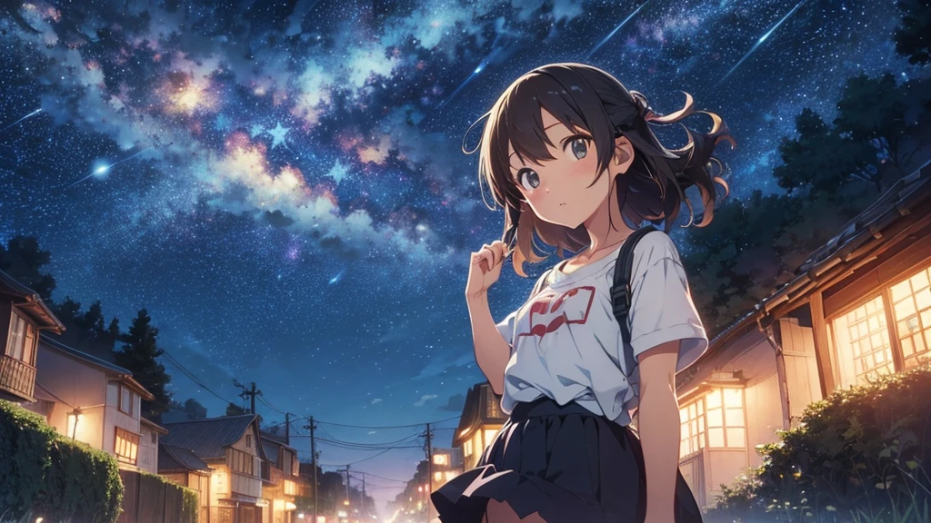 best god quality, Ultra-detailed, perfect Anatomy, Night time, (((NO SUNLIGHT))), (Draw a tomboy camping under the stars at night), 1girl, is a muscular tan girl, medium breasts, medium sized , cozy camping outfit, dark skin tomboy, tan lines, (dark skin*1.2), (short black + wavy hair*1.2), (camping clothes), Full limbs, complete fingers, groin, Beautiful green eyes, muscular tan tomboy, flustered face, outdoors clothing, under starry night sky, under night sky, High resolution, Best lighting by professional AI, Japanese countryside at night, camping at night, looking at viewer, (((One girl in middle))), (((SOLO))), (Japanese Night in background)