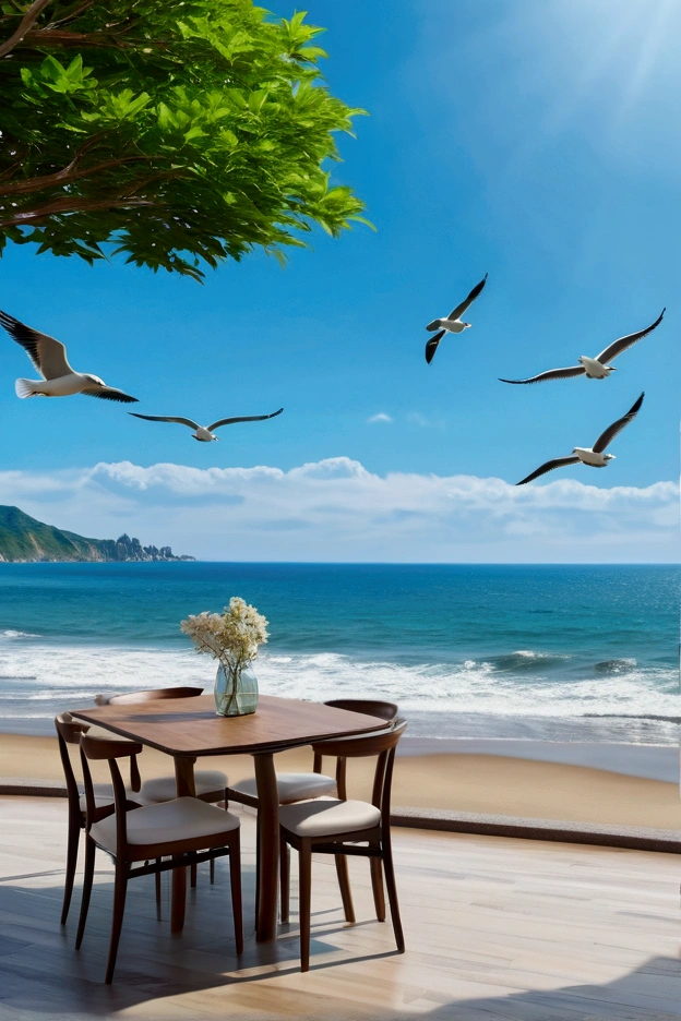 (Highest quality,4K,8k,High resolution,Tabletop:1.2),Very detailed,(Realistic,Realistic,Photorealistic:1.37),blue sky,Baiyun,Birds in the distance,big,Vast image,Vision,landscape,Ocean Waves,peaceful,quiet,fresh air,Serene atmosphere,Soft sunlight,breeze,Sandy Beach,Flying seagull,Beautiful views,Endless Horizon,Vibrant colors,The sky is reflected on the sea,Lush greenery,Swaying Tree々,Mountain in the background々,amazing natural beauty,Harmony between land and sea,Relaxing environment