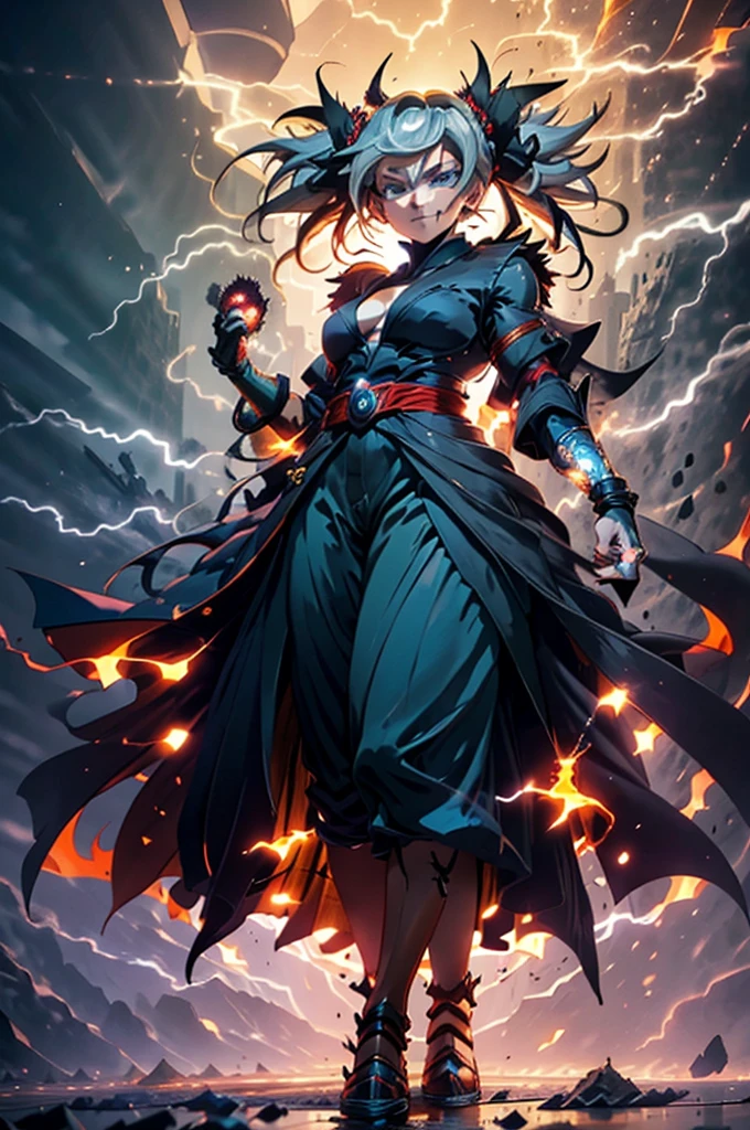 kenjaku,jjk sorcerer, GtsGiga, Gtscity, Rampage,evil,uncaring,pissed off, red aura,hands held tiward,psychotic smile,ready to crash out,Red Engery Ball,cityscape,muscular,bkack trenhcoat,Looming,twintails, domain expansion, Looming m,giantess art full body