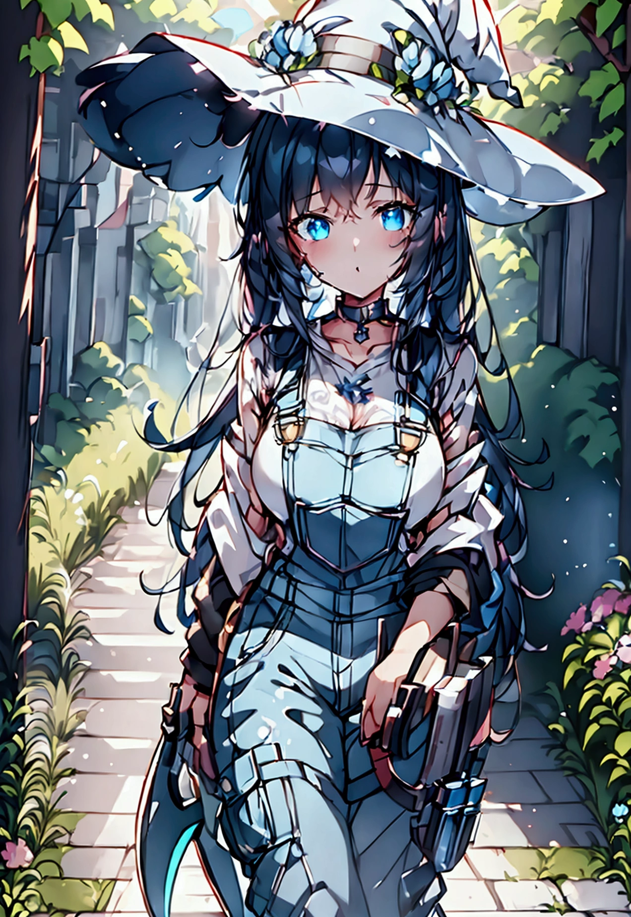 a girl with twin tails wearing a white shirt + blue overalls, witch hat, holding a sci-fi scythe, angel wings, standing in ancient ruins surrounded by flowers, intricate details, cinematic lighting, fantasy, anime style, 8k, high quality, dynamic scene, double exposure 