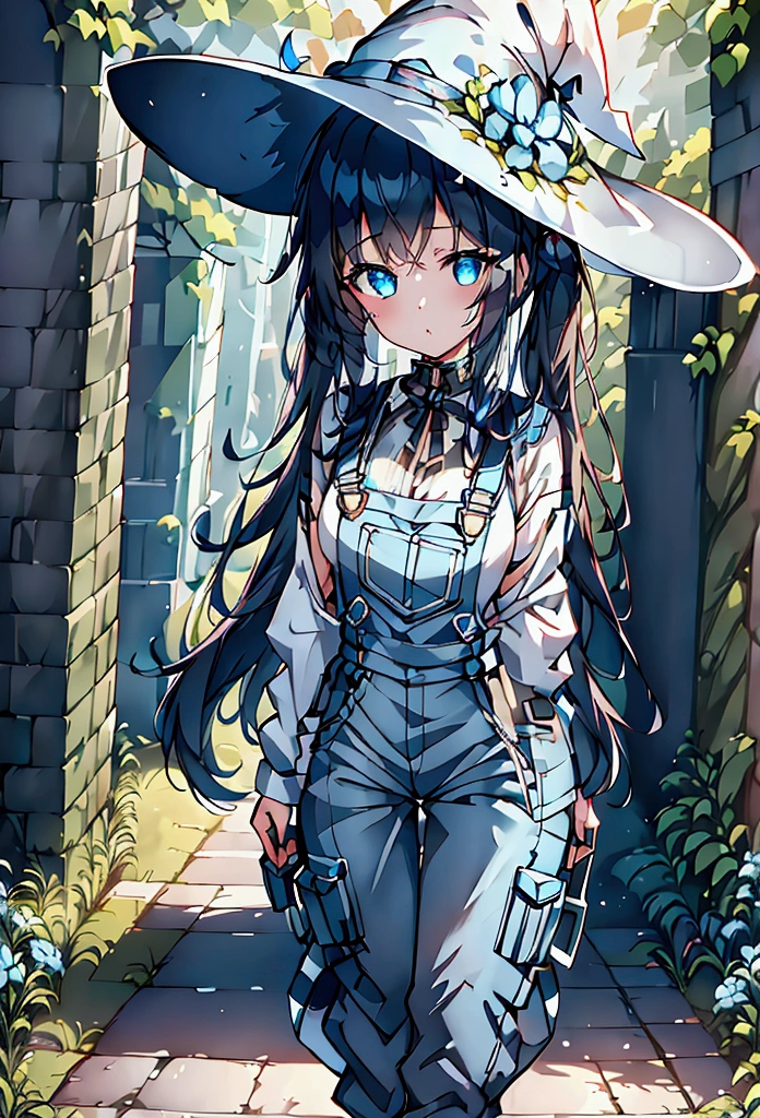 a girl with twin tails wearing a white shirt + blue overalls, witch hat, holding a sci-fi scythe, angel wings, standing in ancient ruins surrounded by flowers, intricate details, cinematic lighting, fantasy, anime style, 8k, high quality, dynamic scene, double exposure 