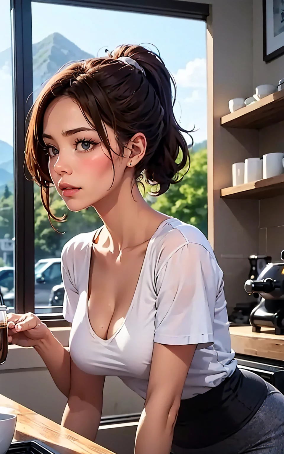 (best quality), perfect image, masterpiece,(26 year old woman)barista, yoga pants, brown hair, black tanktop with made up company logo across the chest, working at a locally owned coffee shop, working behind the counter with your cute coworker, ponytail, large window in background, medium sized breasts, a beautiful mountain range is visable through the window, looking at viewer, deep u neck shirt, leaning forward, absolutely beautiful scene, cinamatic masterpiece, cleavage, aunt june, squinting, 