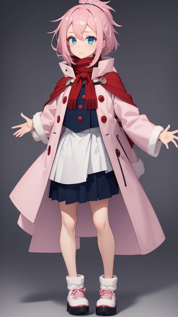 Full length anime girl, White background. young girl, With a cute face, large bright blue eyes and light smooth skin. pink hair, collected in a neat hairstyle, with small stray strands. The girl is dressed in a blue winter coat and a red scarf with black veins. The coat is buttoned. The girl's mood is joy, she smiles, creating an atmosphere of warmth and friendliness.