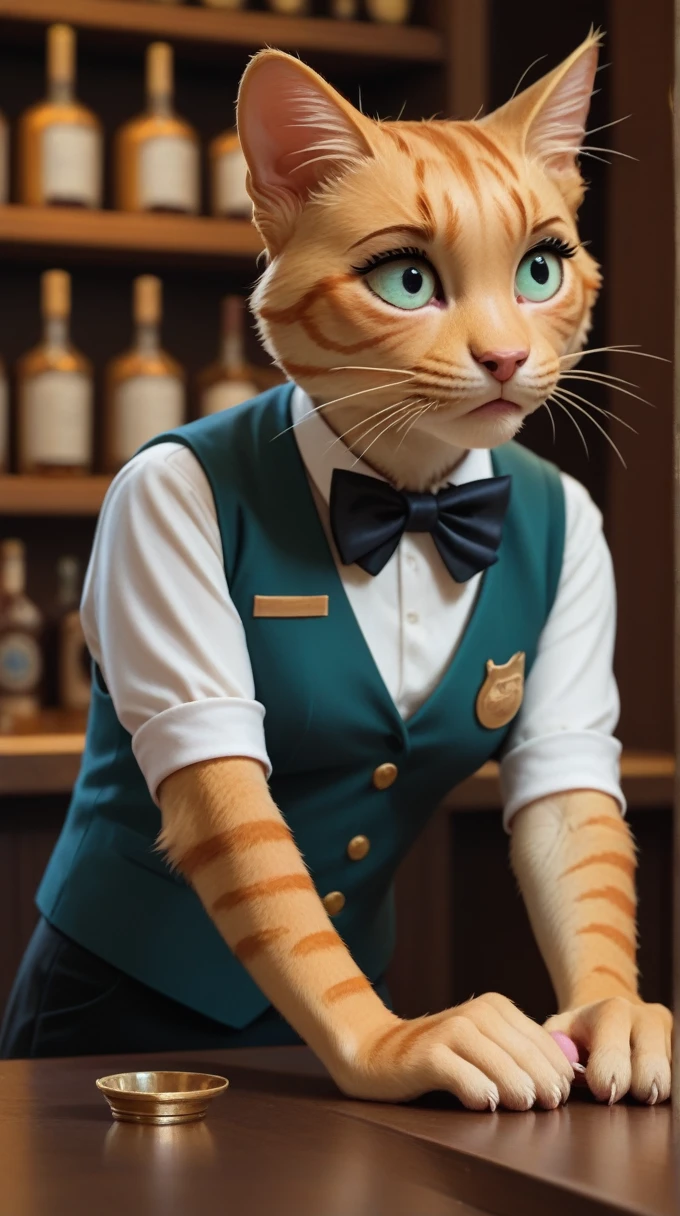 Gold Scottish Fold cat, still slumped over the bar counter, with a tabby cat bartender wearing a vest and bow tie, looking concerned and leaning over to check on the gold cat, lively bar background.