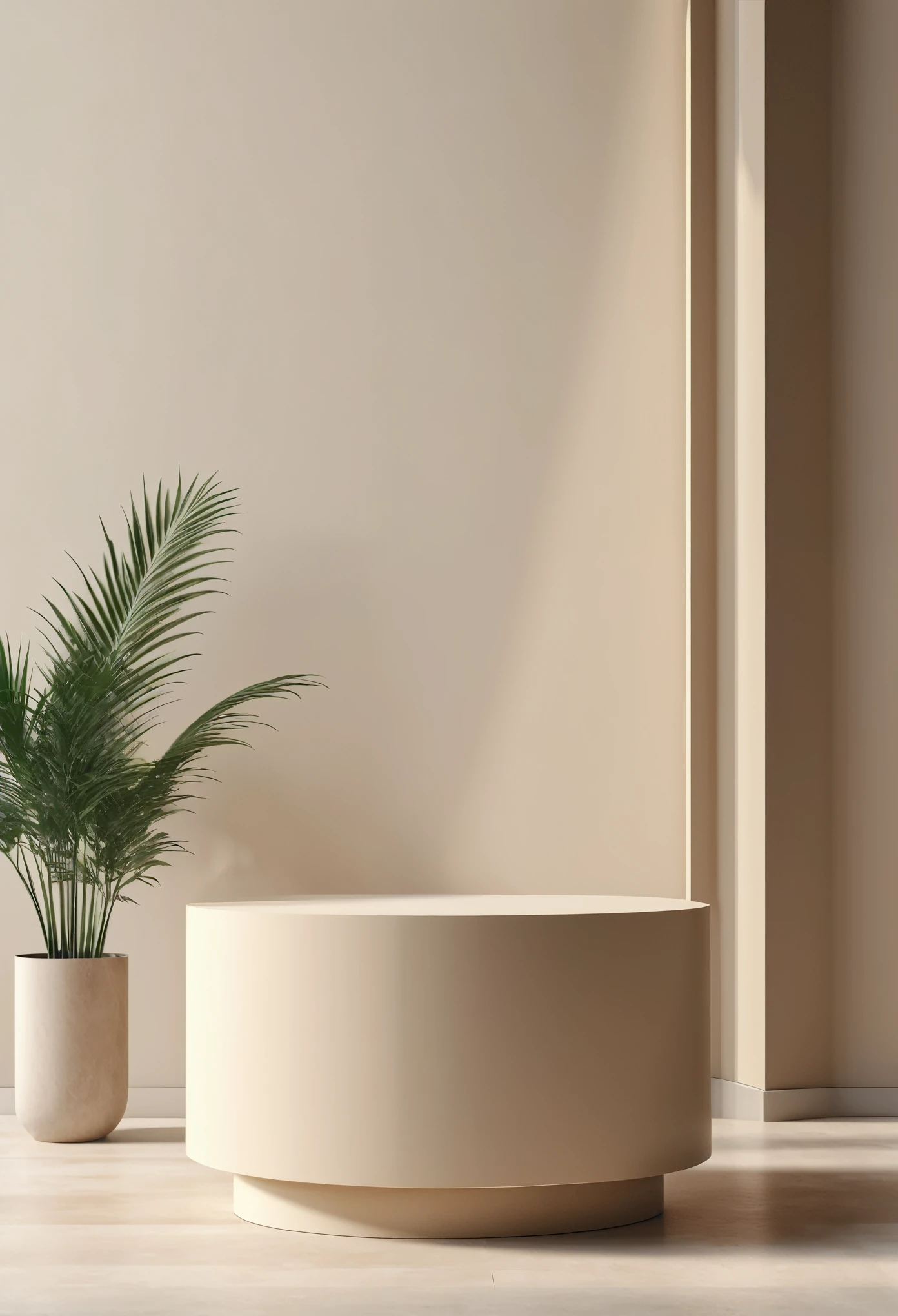 3D rendering of a podium for
product demonstration, interior
of a modern house in the
background, calm beige colors,
dayligh