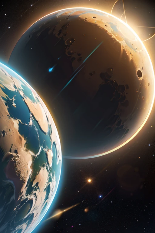 There is a planet called Hyperion that orbits around three different sized suns.. It is possible to see the three suns in the sky of Hyperion. ((fotorrealism: 1.4)), ((8k ultra-HD))