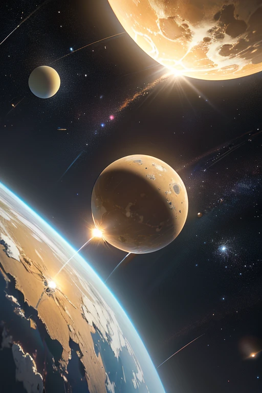 There is a planet called Hyperion that orbits around three different sized suns.. It is possible to see the three suns in the sky of Hyperion.  ((fotorrealism: 1.4)), ((8k ultra-HD))