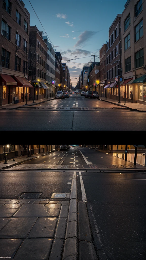 Create a realistic image of a US street at night, with the camera being in the view of a sidewalk