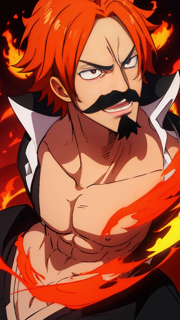 wilnas,  granblue fantasy, (masterpiece:1.5), (best quality:1.5), (high quality:1.5), (solo:1.27), (muscular male:1.27), (bara:1.27), satisfaction, happy, pleasure, (dynamic angle:1.21),(dynamic hair:1.27),(detailed pupils:1.21),looking at viewer, (dynamic pose:1.15), (beautiful detailed hands:1.21), illustration, (cinematic light:1.15), ultra detailed, (disheveled hair:1.34), (big bulge:1.4), (large pectorals:1.3), pectoral cleavage, sidepec, (abs:1.3), (thighs:1.3), (bulky:1.2), novel_illustration, anime_screencap, (valentine:1.4), (apron:1.3), cooking flaming, chocolate, (micro fundoshi:1.5), flaming sword, explosion, male focus, fire, fiery wings, fiery hair, flame, pyrokinesis, breathing fire