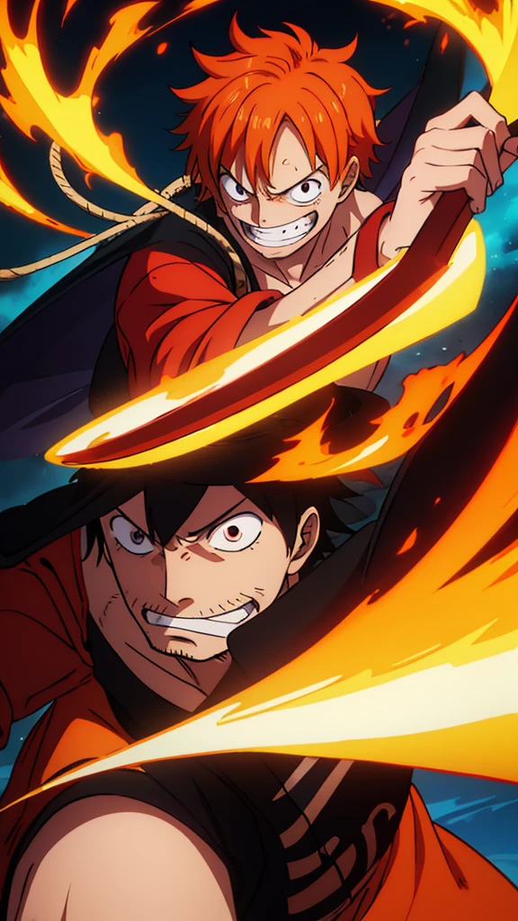 Create the image of a character with fiery orange hair, complemented by a vibrant mustache of the same color. The character has large, intense eyes with prominent pupils and a toothy smile that conveys a wild sense of clothing that includes a classic open-neck shirt with vertical stripes,
suggesting a casual yet adventurous personality. The background should be simple to keep the focus on the character's striking and dynamic characteristics. One-piece style and features from the anime styler Eiichiro Oda One-piece style by Shingei Ito Ruan Jia, pixiv contest winner, fantasy art, official art, wiccan,
conceptual art stylist One Piece Style, 4k