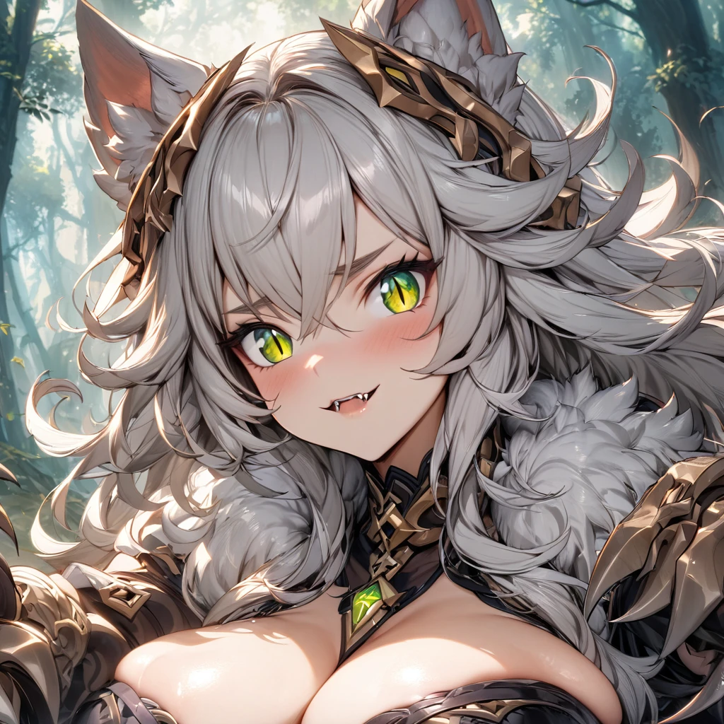 (masterpiece), best quality, expressive eyes, perfect face,razor_(genshin impact),werewolf girl, ((fluffy skin)),((silver hair)), paws on foots, fluffy fur on body, ((fangs)), ((claws)), huge metal bracelets, huge metal collar, high over-the-knee boots, light green eyes, extremely_detailed_(lacy, fur, silk, satin)_(clothing, skirt), detailed face, detailed beautiful shiny eyes, slit pupils, deep forest,(((1girl))), portrait, (full body), big breasts, medium length hair