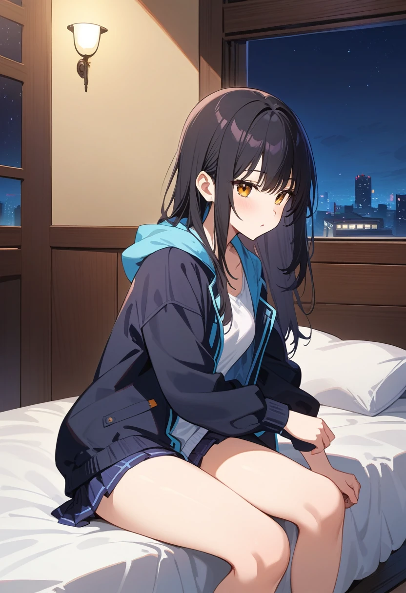 high quality,, 最high quality、 Stylish design, (((The most beautiful girl))), ((Thin legs))、(((最high quality))), High resolution, ((detailed)), ((masterpiece)), ((Super detailed)), 、B girl fashion、Black Hair、Inner Color、((At the bed,night)),((Sexual))