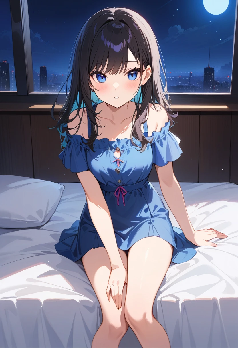 high quality,, 最high quality、 Stylish design, (((The most beautiful girl))), ((Thin legs))、(((最high quality))), High resolution, ((detailed)), ((masterpiece)), ((Super detailed)), ****************、B girl fashion、Black Hair、Inner Color、((At the bed,night)),((Sexual))