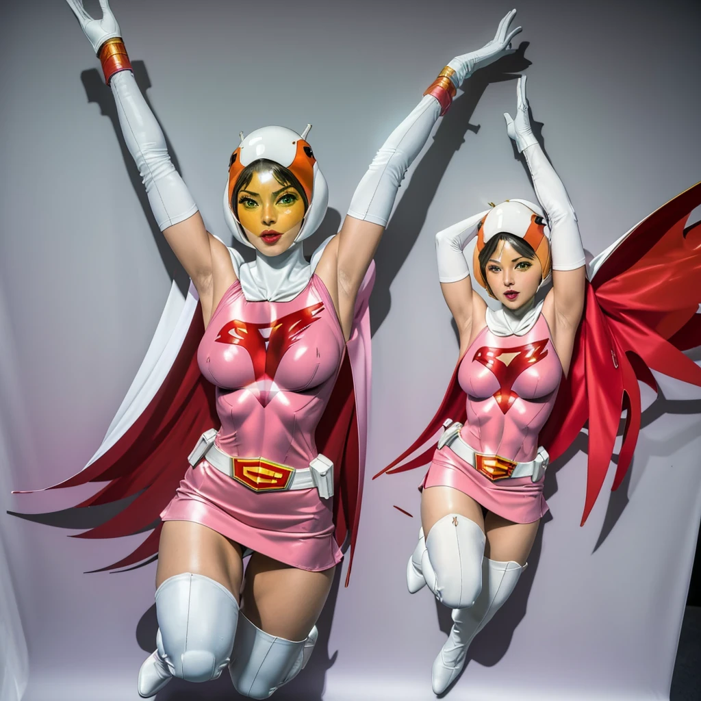 ANI_CLASSIC_jun_gatchaman_ownwaifu,1girl, ,good anatomy, masterpiece, best quality,realistic, hyperrealistic, 16k hdr,breasts,green eyes,lips,large breasts,lipstick,makeup,gloves,cape,helmet,belt,elbow gloves,white gloves,mask,ultra miniskirt,leotard,spacesuit,white tight overknee highheels boots,pink dress,superhero,bodysuit,cleavage,erected nipples,((jumping poses,arms up straight)),cameltoe