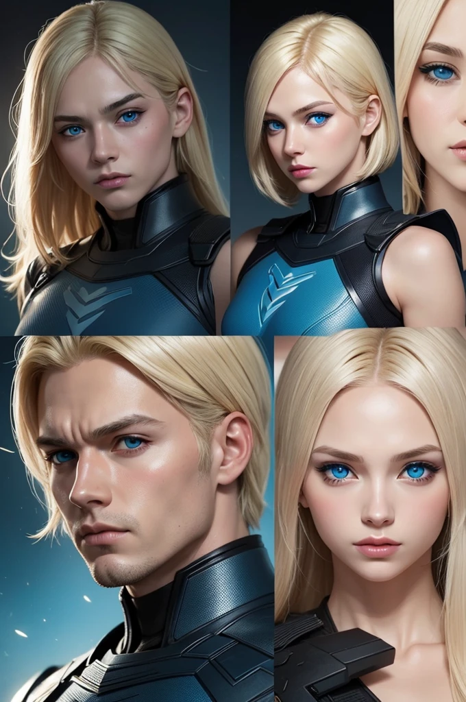 Create a comic book style character with blue eyes and blonde hair