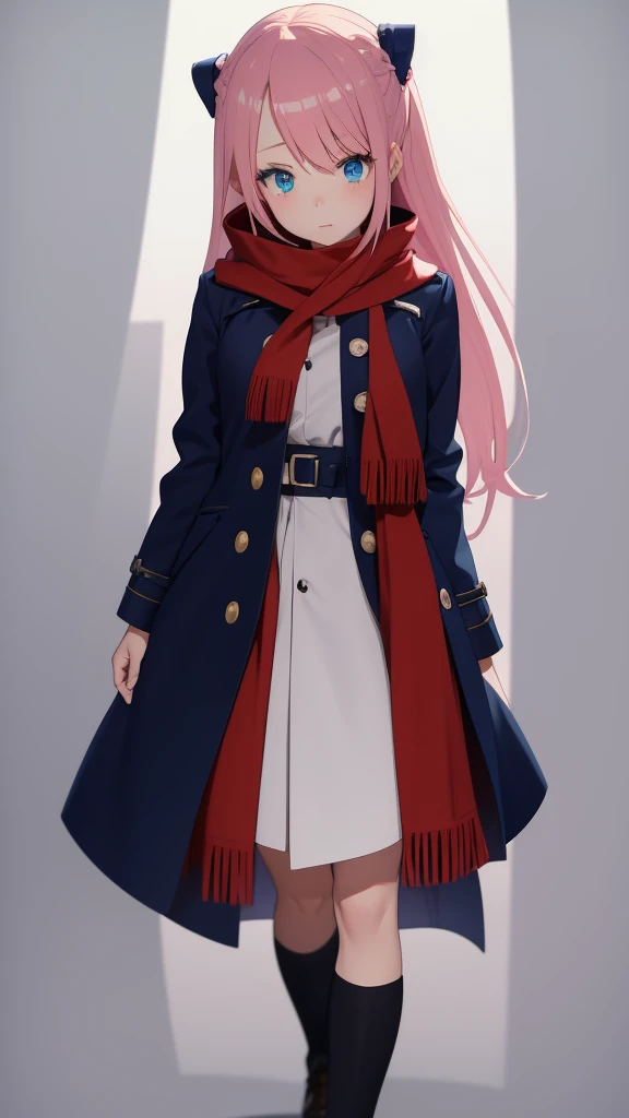 Full length anime girl, White background. young girl, With a cute face, large bright blue eyes and light smooth skin. pink hair, collected in a neat hairstyle, with small stray strands. The girl is dressed in a blue winter coat and a red scarf with black veins. The coat is buttoned. The girl&#39;s mood is joy, she smiles, creating an atmosphere of warmth and friendliness.