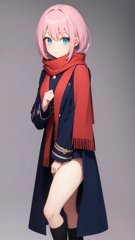 Full length anime girl, White background. young girl, With a cute face, large bright blue eyes and light smooth skin. pink hair, collected in a neat hairstyle, with small stray strands. The girl is dressed in a blue winter coat and a red scarf with black veins. The coat is buttoned. The girl&#39;s mood is joy, she smiles, creating an atmosphere of warmth and friendliness.