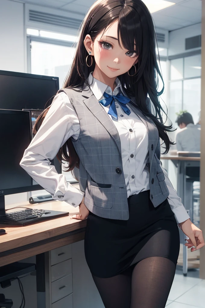 ((((1ladyl,))))  (masterpiece), (realistic), (best quality), (ultra-detailed),  amazing 30 years old wife,  pantyshot, long brown hair, office lady, Wearing a pink plaid vest, White short sleeved shirt, Gray pencil skirt, Wear stiletto heels, Necklace, earrings,  Cute face, Smile, Blushing, Shyness, Glass wall, Ultra Detail, Realistic, Front view, Whole body, (wearing in [[white and gray check pattern]] Vest worn over white collared long-sleeved shirt:1.4), (gray vest with buttons:1.2), (Pink Theme:1.2), (blue ribbon ribbon:1.3), (Black theme:1.4), (Tight black pencil skirt:1.5), ((Brown pantyhose)), (high-heels:1.1),longskirt,office desk, office chair,Lulubre Unity 8K Wallpaper, Beautiful background, clearly, Best Quality, The highest resolution, Best aesthetic,extremely detailed CG unity 8k,