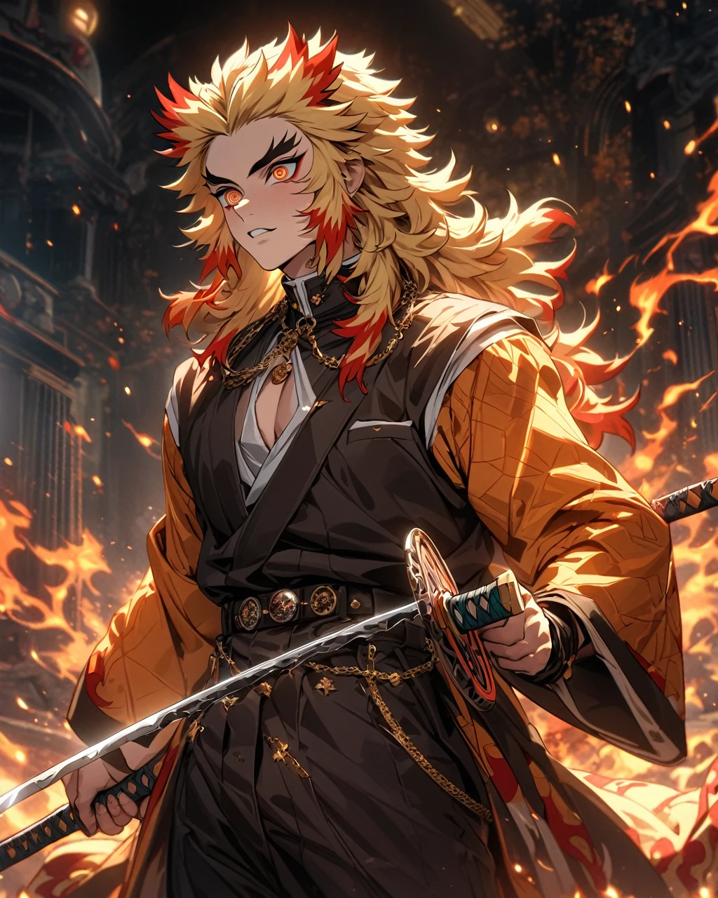 absurderes, high resolution, ultra detaild, HDR, Artwork, best quality, extremly detailed face and eyes, Rengoku Kyojuro, hair blonde, Expressive orange eyes, Kimetsu no Yaiba, standing alone, sexy man, beautifuls, mechanical moon watch, posh, chains, fire flies,calvo,erect penis,holding his katana sword,