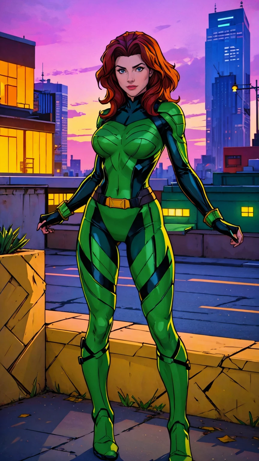 ((Full body photo, standing, feet on the ground)) (best quality, 4k, 8k, high resolution, masterpiece: 1,2), slim, ultra-detailed, fishnet tights, (realistic, photorealistic, photorealistic: 1, 37), full body photo, Rogue, X-Men, yellow high boots, beauty pose, standing, show feet, outside, city roof at night, green bandana