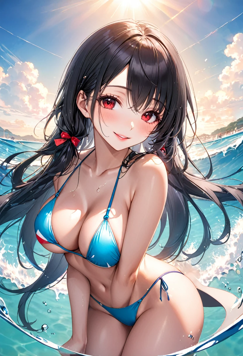 (pov sexy swimsuit style) (beautiful body), (solo:2, 18 yo, straight black hair very long hair cool sadist girl, sexy red eyes, glossy lip, love smile, big tits), (in a sexy Thong:1.3 Bikini swimsuit), break, in the sunshine Swimsuit contest venue, background beautiful ocean, Double Exposure beautiful rays, BREAK, perfect anatomy, masterpiece, best quality, 16k, beautiful detailed water, sexy, daydreaming expression.