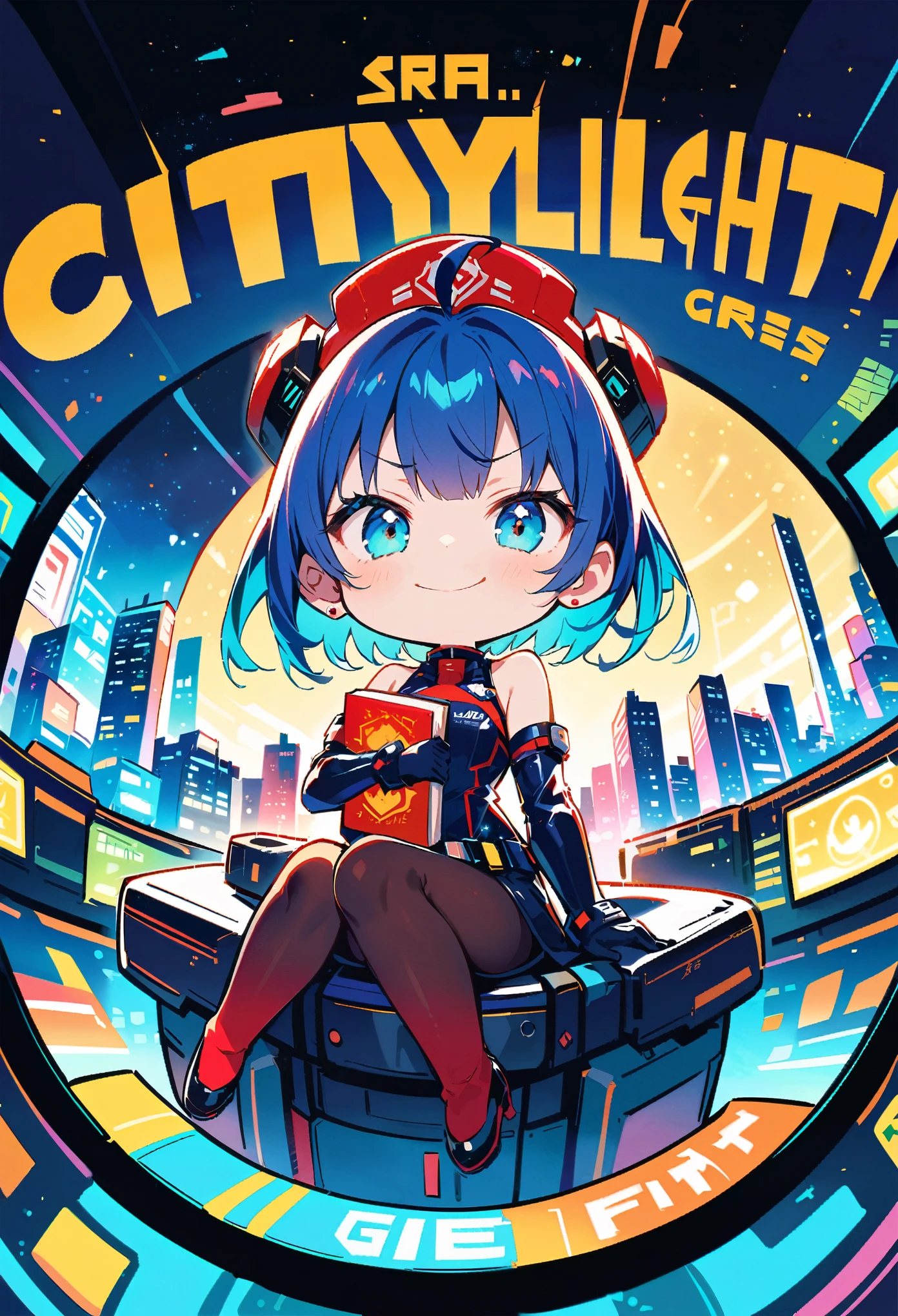 fisheye, chibi, makihitsuji, aqua eyes, smug, ahoge, stud earrings, firefighter jacket, pantyhose, Mechanical wings, upright straddle, holding book, infirmary, illustration, Space opera,Space port,robot arm,elbow gloves,night,glisten,stare,cyberpunk,((((citylight)))),science fiction,bodysuit,Mechanical armor headdress,(bare shoulders)