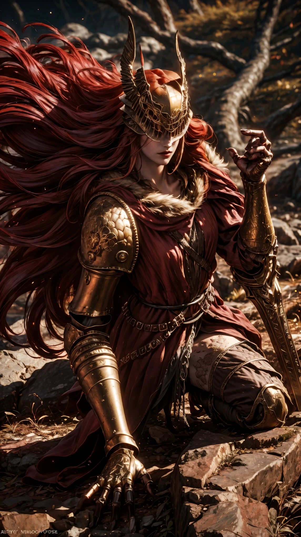 from above, high view shot, in the heart of Elden ring, a young beautiful Malenia, long red hair, blood hair, malenia's helmet, sexy malenia's armor, holding a large sword. On the slopes of a cursed tree that cries blood, dust, red energy, epic sensual pose, 3/4 profile and kneeling, create an dark atmosphere of Elden ring, energy and neon lights. good quality, ultra detailed, beautiful and aesthetically pleasing, masterpiece, 4k, ray tracing, medium body, close-up, low view, particles and hard neon sparkles, focus on red and black color, 