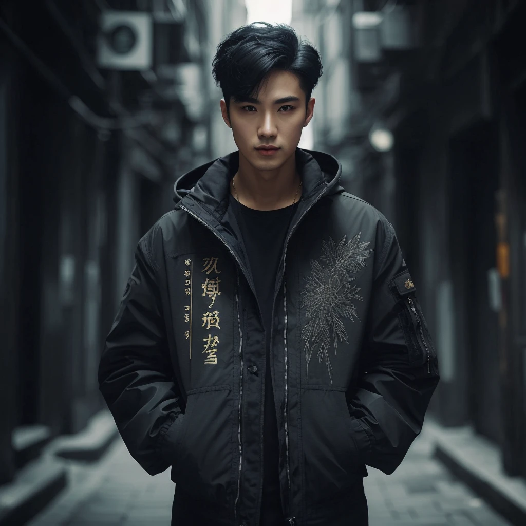 Professional photography of a full body elegant Asian man with body charm, mysterious aura, trendy black short taper hair, wearing a parka jacket with intricate sablon text (('Mau nya gitu?)) ' in a cosplay style, ultra-realistic rendering, masterpiece quality, dark alley background, cinematic, adjust contrast & saturation, vibrant color, with an enigmatic and intriguing expression, high definitions