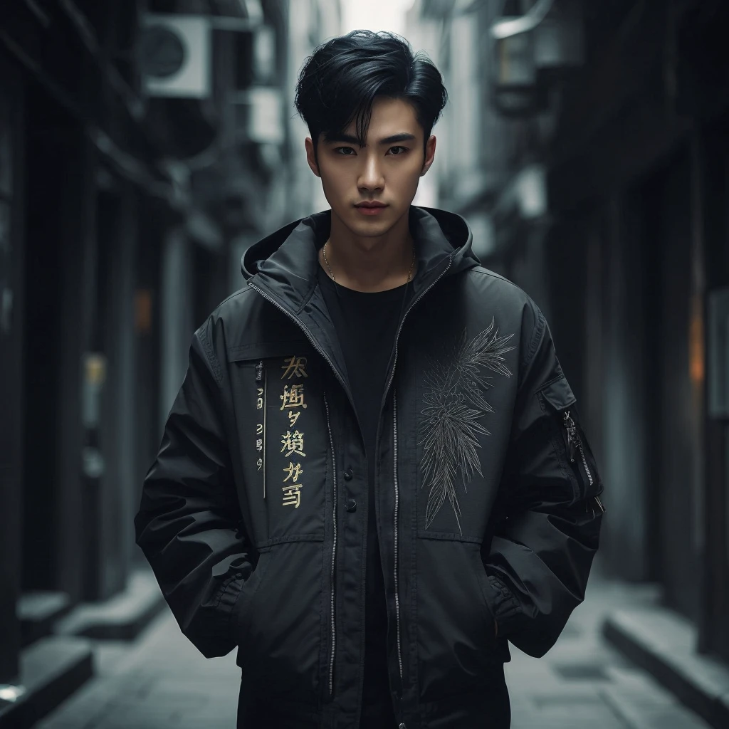 Professional photography of a full body elegant Asian man with body charm, mysterious aura, trendy black short taper hair, wearing a parka jacket with intricate sablon text (('Mau nya gitu?)) ' in a cosplay style, ultra-realistic rendering, masterpiece quality, dark alley background, cinematic, adjust contrast & saturation, vibrant color, with an enigmatic and intriguing expression, high definitions