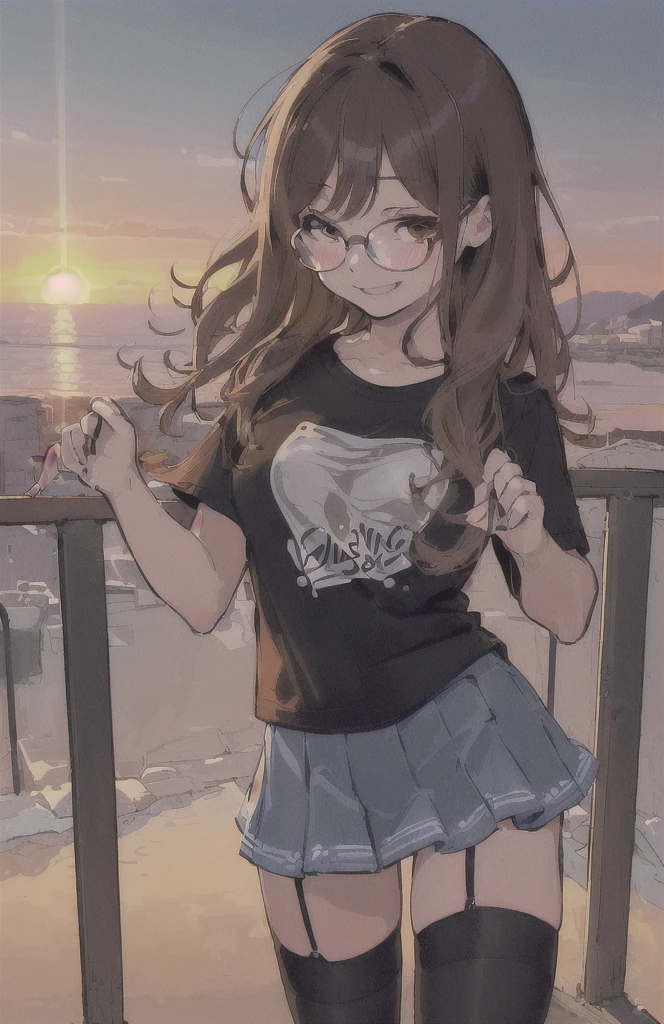 (((best quality)), ((ultra detailed)), ((masterpiece)), illustration,(oasis)
Girl, 18 year old woman, medium breasts, T-shirt mojada, clear skin, grabbing hair, with square lenses, look forward, Sunset, T-shirt, mini skirt, thigh high stockings. wavy hair, Brown hair. 5 fingers on each hand. Smiling and looking forward. a little blushing