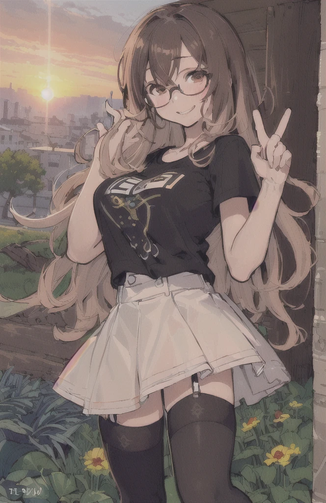 (((best quality)), ((ultra detailed)), ((masterpiece)), illustration,(oasis)
Girl, 18 year old woman, medium breasts, T-shirt mojada, clear skin, grabbing hair, with square lenses, look forward, Sunset, T-shirt, mini skirt, thigh high stockings. wavy hair, Brown hair. 5 fingers on each hand. Smiling and looking forward. a little blushing