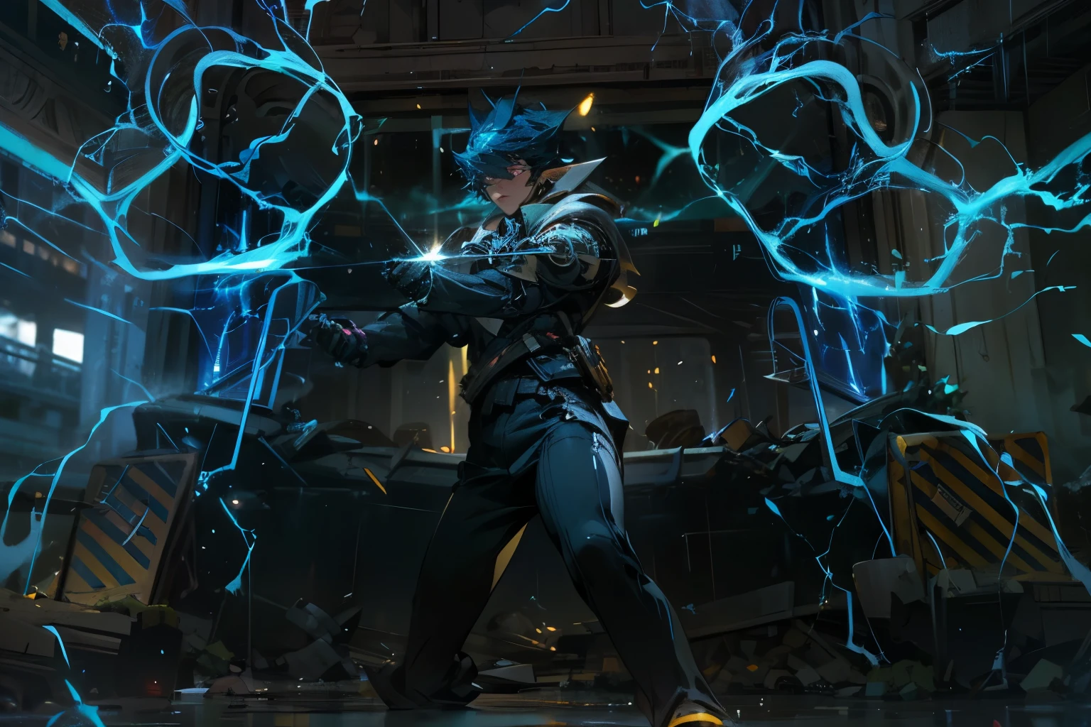 (Best quality, 8k, 32k, Masterpiece, UHD:1.2), "Transform the scene into a dynamic and electrifying moment where a character is surrounded by and emerging from a storm of lightning, energy, and power. Picture the character at the epicenter of a powerful electrical storm, with arcs of lightning crackling around them and illuminating the surroundings with intense flashes of blue and white light.

The character's form is shrouded in a swirling vortex of raw energy, their silhouette glowing with a radiant aura. Bolts of lightning strike the ground and radiate outward, creating a web of electrical currents that pulse with life. The air is charged with static, and the ground beneath the character trembles from the sheer force of their power.

The character’s stance is one of dominance and control, their eyes glowing with an otherworldly intensity. Their attire and any visible equipment should appear to be infused with energy, emphasizing their connection to the elemental forces at play.

Capture the interplay of light and shadow as the lightning illuminates the scene, casting dramatic contrasts and highlighting the character’s commanding presence. The surrounding environment should reflect the chaos and intensity of the storm, with debris swirling and objects electrified by the immense power. ((jumping))

The scene should evoke a sense of awe and excitement, showcasing the character's overwhelming strength and their mastery over the elemental forces of lightning and energy."