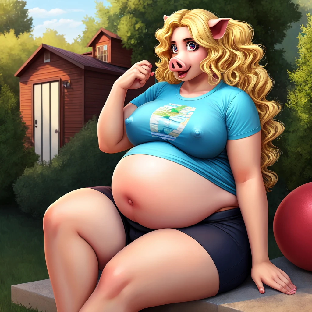 ((Best quality)), ((masterpiece)), (detailed), pig, pig girl, furry pig, big body, большой body, is sitting, smooth belly, shorts, серые shorts, T-shirt, View from afar, long hair, blonde hair, Beautiful face, skinny face, age 45, voluminous hair , curly hair, pig furry, Only 1 character, надутый belly, very big body, fat body, bloated body, pumped body, body looks like an inflated ball, backyard of the house, round belly, smooth belly, pump, belly is round, Navel, Long legs, nipples under a t-shirt , однотонная T-shirt, Hands down, looks at the viewer, astonishment , fright, Shock, очень frightана, Look at the viewer, Normal eyes, beautiful eyes 