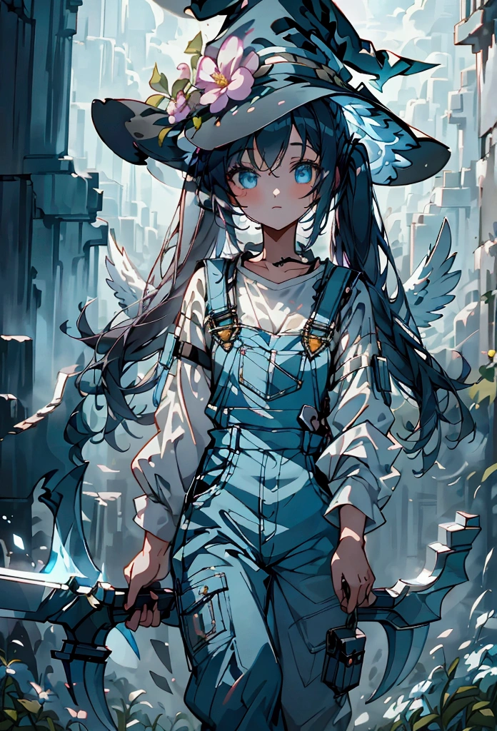 a girl with twin tails wearing a white shirt + blue overalls, witch hat, holding a sci-fi scythe, angel wings, standing in ancient ruins surrounded by flowers, intricate details, cinematic lighting, fantasy, anime style, 8k, high quality, dynamic scene, double exposure