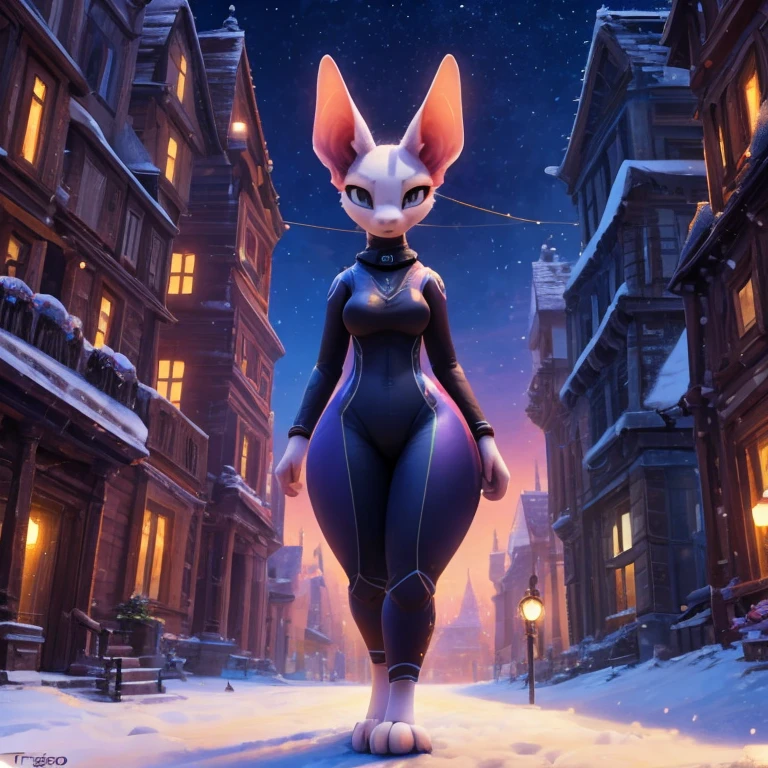 Solo, Sphynx cat, female, busty, thick thighs, wearing a body suit, with bright headphones furry, tall: 1.7, White body, glowing and soft skin, annoyed, standing, extremely detailed, beautiful and detailed dilated bright eyes, grey eyes, full body, snowy, at night, walking towards the viewer, ((By trigaroo))