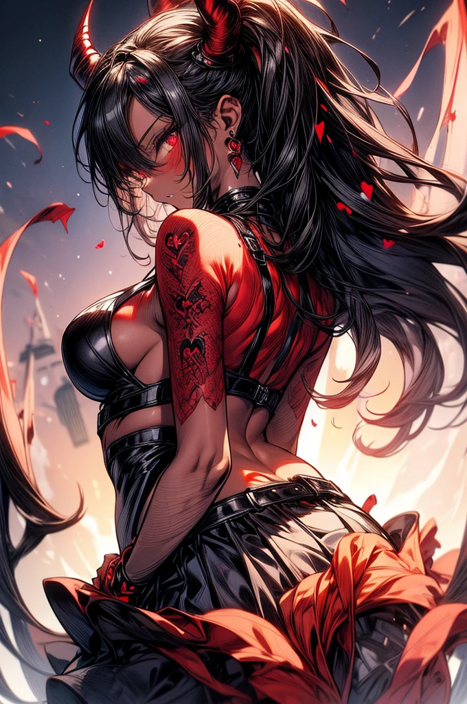 masterpiece, super detailed, high resolution, precision art, highly seductive anime girl. sexy and alluring, flawless dark red demonic skin, succubus, symmetrical face, beautiful olive eyes, flowing black hair, her very presence oozes seduction and allure, S-shaped body, black onyx colored horns jutting out her forehead, heart shaped tail protruding from her back, sexy and arousing slender and thin yet chiseled with enticing breasts, intricate and beautiful heart shaped tattoo engraved on her stomach, wearing spaghetti strap crop-top and form-fitting leggings that accentuate her round ass, hip-level shot